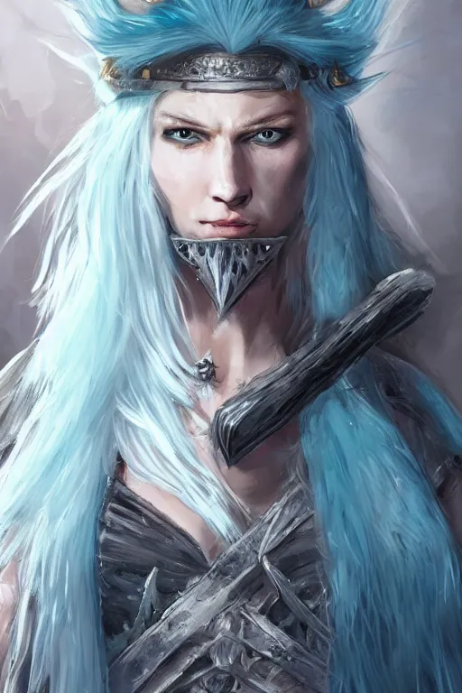 Prompt: beautiful portrait of a fully clothed female barbarian with white hair, pale blue eyes, looking at camera, D&D, fur cape, full body plated armor, long wild spiky hair, cocky smirk, intricate outfit, elegant, stylish, fantasy, dark fantasy, epic fantasy, extremely detailed, digital painting, artstation, concept art, HD, 8k, smooth, sharp focus, illustration, stunning lighting, art by Artgerm and Ross Tran and WLOP, fully clothed, fully dressed