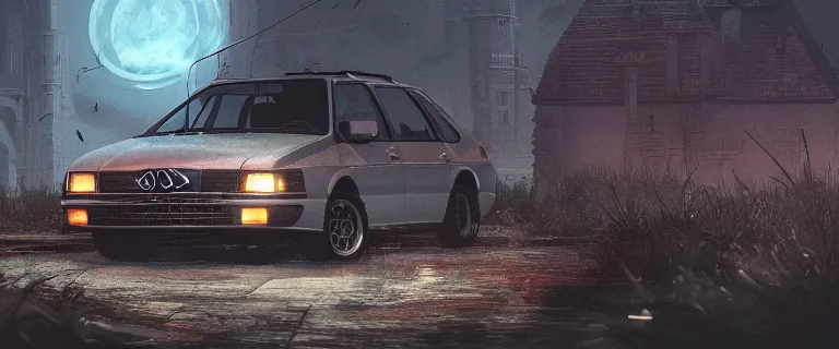 Prompt: Armored and Armed Audi 80 B3 Avant (1988), Dark Souls 3, a grim fantasy, Anor Londo, dramatic lighting, cinematic, establishing shot, extremely high detail, photorealistic, cinematic lighting, artstation, by simon stalenhag