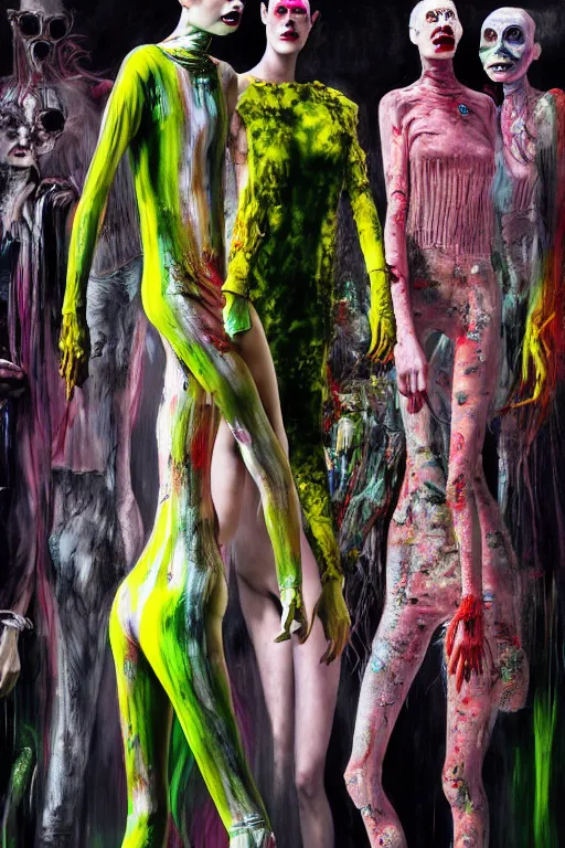 Image similar to crazy fashion catwalk, one model, crazy clothes, biopunk style, horror, clothes look like slime, hauntingly surreal, highly detailed painting by francis bacon, edward hopper, adrian ghenie, gerhard richter, and james jean soft light 4 k,