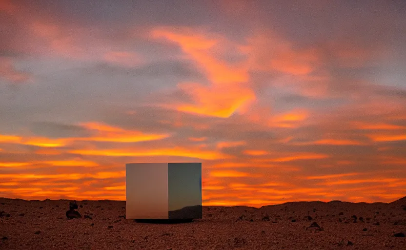 Image similar to giant black reflecting metal cube, standing in the mojave desert, dawn, orange sky, dslr photo, cinematic