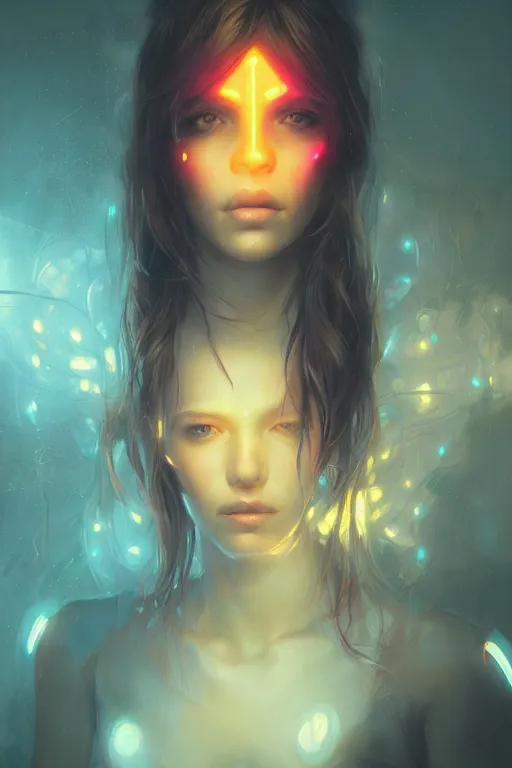 Image similar to portrait of a girl with a scaly skin and biotechnical parts and neon light by Artgerm and Greg Rutkowski , digital painting, highly detailed, trending on artstation