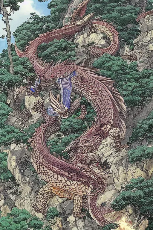 Image similar to beautiful hyperdetailed anime illustration of a dragon spiral over a rural japanese home, by moebius, masamune shirow and katsuhiro otomo