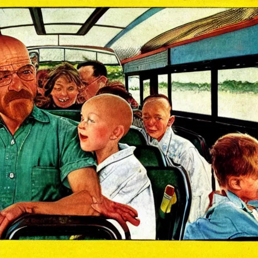 Image similar to Walter white driving a school bus full of Water Whites, Norman Rockwell