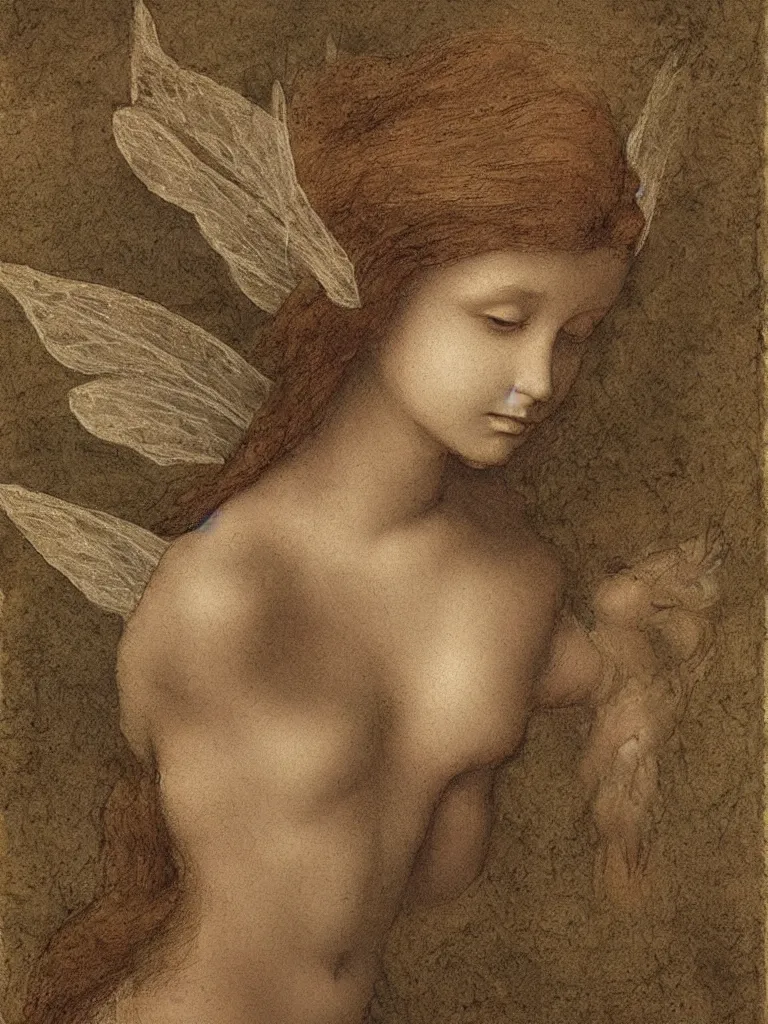 Prompt: artist study of a single fairy, in the style of leonardo da vinci, realistic, pretty, ethereal,