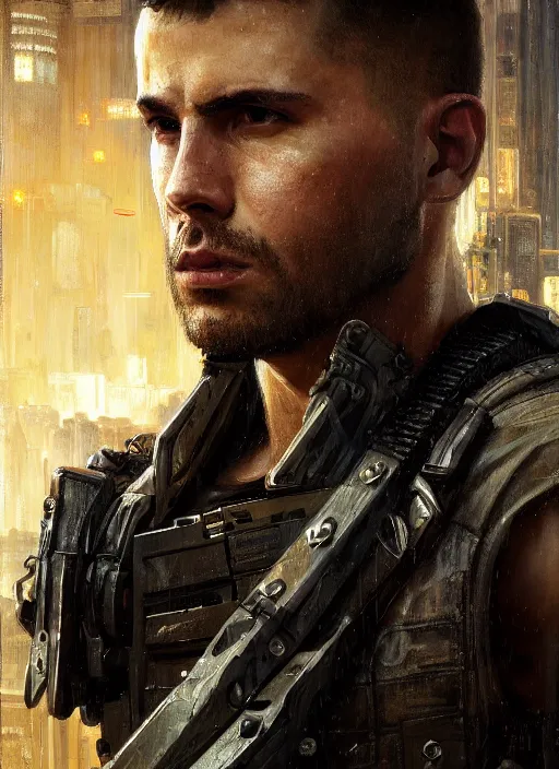 Prompt: 🏋♂ cyberpunk mercenary in a military vest ( blade runner 2 0 4 9, cyberpunk 2 0 7 7 ). orientalist portrait by john william waterhouse and james gurney and theodore ralli and nasreddine dinet, oil on canvas. cinematic, hyper realism, realistic proportions, dramatic lighting, high detail 4 k