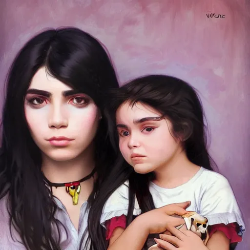 Prompt: emo mexican girl and her cat, with long dark hair, thick straight eyebrows!!! deep dark big shiny eyes and dark circles!, wide nose!, oval face shape, big cheeks! by juan villafuerte, greg rutkowski and alphonse mucha, pexels contest winner, high quality photo, rtx, hd