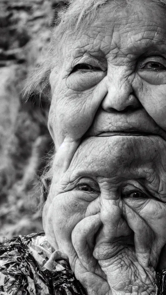 Image similar to realistic black and white old photo of a giant very old woman on destroyed city, short dof, extremely cute, large head, hyper realistic, minutely detailed