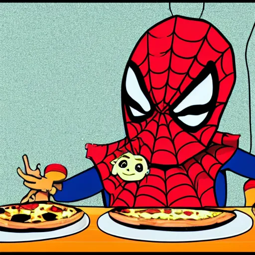 Prompt: a cartoony cute chibi spiderman eating pizza