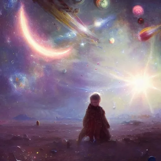 Image similar to a lonley and gloomy baby in middle of space surrounded by colorful stars planets and galaxies, high detail, by gaston bussiere, bayard wu, greg rutkowski, odd nerdrum, maxim verehin, dan dos santos, masterpiece, sharp focus, cinematic lightning