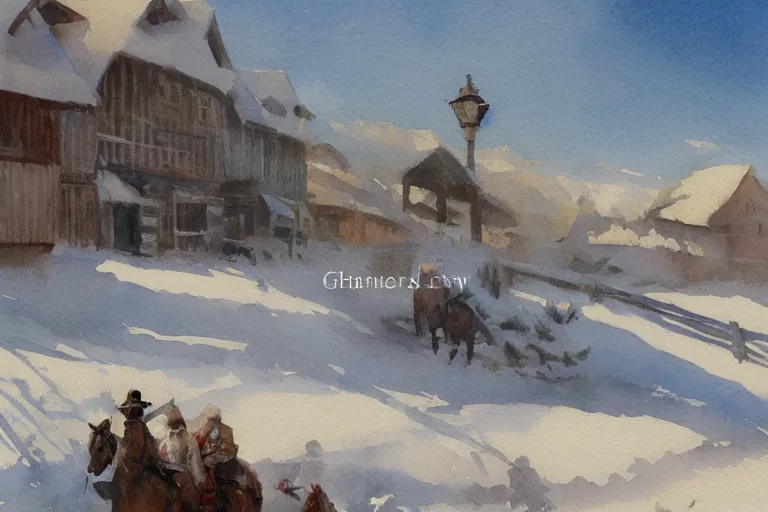 Prompt: small miniature art on watercolor paper, paint brush strokes, abstract watercolor painting of snow western town, american frontier, midday sharp light, dust, cinematic light, american romanticism by hans dahl, by jesper ejsing, by anders zorn, by greg rutkowski, by greg manchess, by tyler edlin