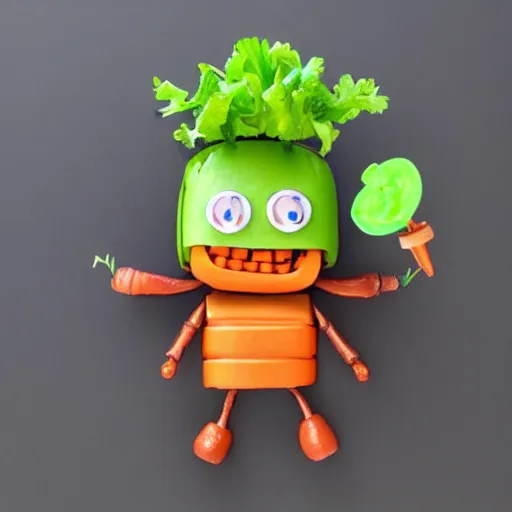 Image similar to little happy robot made of vegetables with big avocado hat and a carrot sword, made in abyss style