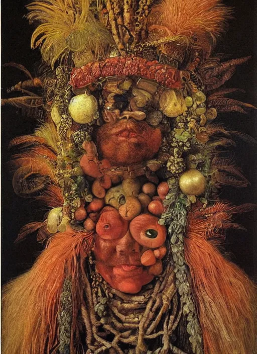 Image similar to a surreal painting of a radiant shaman's face, by Giuseppe Arcimboldo, symbolist, soft colors, dramatic lighting, smooth, sharp focus, extremely detailed, aesthetically pleasing composition