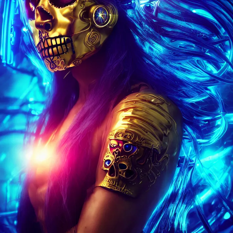 Prompt: beautiful cinematic poster, female cyberpunk cyborg, a gold sugar skull mask, brilliant blue flowing hair, beautiful glowing eyes, wideshot ultrawide angle epic scale, hybrid from the elden ring and art direction by darius zawadzki, wayne reynolds artstation ; cinematic quality character render ; low angle ; ultra high quality model, quality cinema model