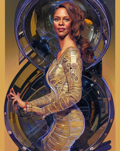 Image similar to portrait of actress Krys Marshall wearing a space suit, intricate, elegant, highly detailed, centered, digital painting, artstation, concept art, smooth, sharp focus, illustration, art by android jones and donato giancola and alphonse mucha