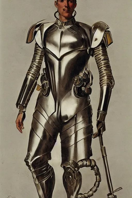 Prompt: futurist armor for soldier, s by leyendecker, intricate, extreme details