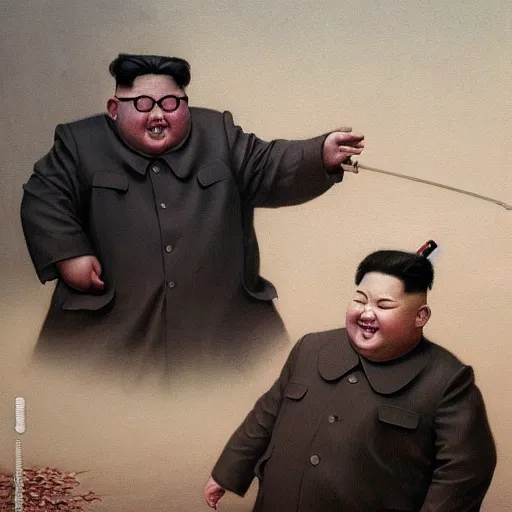 Image similar to Portrait of Kim Jong-un as Tweedledum and Tweedledee, dark fantasy, intricate, smooth, artstation, painted by Wayne Barlowe, Greg Rutkowski, Zdislav Beksinski