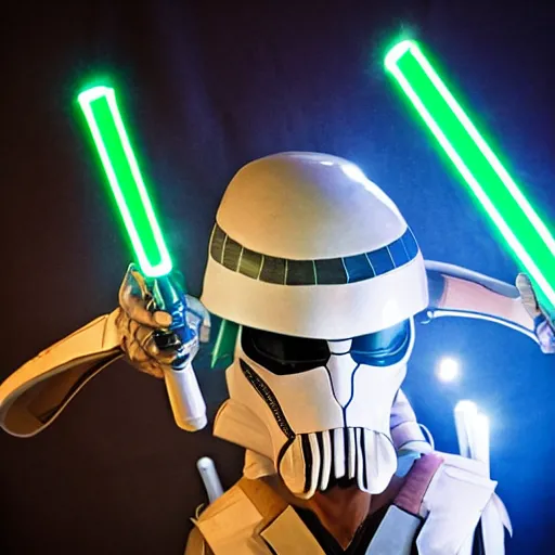 Prompt: General Grievous from Star Wars at a disco party dancing with his light sabers with sun glasses on and a backwards hat HD flash photograph