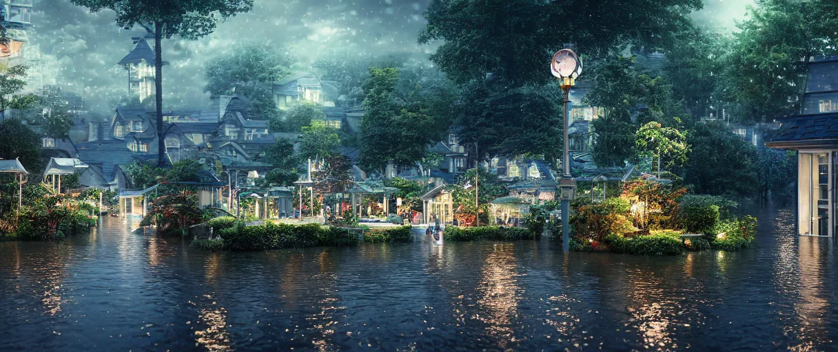 Image similar to carriership landing on raining night at flooded miniature city, emotion is on the rise on the town, cute style garden, octane render, trees, evergreen, patio, garden, wet atmosphere, tender, soft light misty yoshitaka amano, and artgerm, pixel art