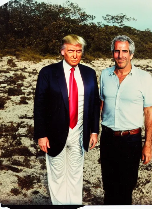 Prompt: polaroid of jeffrey epstein and donald trump on an island