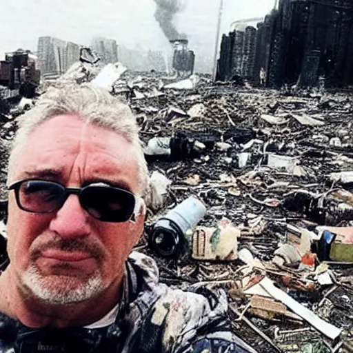 Image similar to final selfie taken by the sad exhausted last person remaining on earth in front of dramatic disasters in the style of roland emmerich during the terrifying apocalypse.