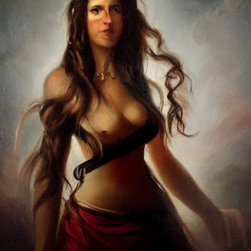 Image similar to oil painting, smiling, happy, beautiful, intelligent, latin, tanned, female pirate captain 2 8 years old, flowing long hair, fully clothed, wise, beautiful, masterful 1 8 0 0 s oil painting, dramatic lighting, sharp focus