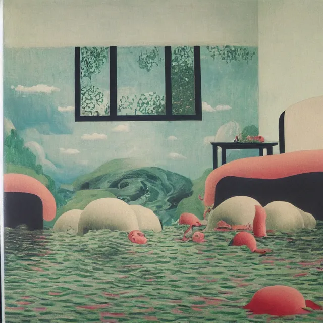 Image similar to painting of flood waters inside a bedroom, female emo art student, a river flooding indoors, pomegranates, pigs, ikebana, water, octopus, river, rapids, waterfall, black swans, canoe, berries, acrylic on canvas, surrealist, by magritte and monet