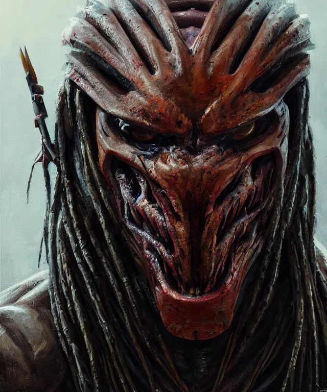 Prompt: a portrait of the predator by ken barthelmey, oil on canvas, deep depth field, masterpiece, trending on artstation, featured on pixiv, cinematic composition, hyper - detailed, hd, hdr, 4 k, 8 k