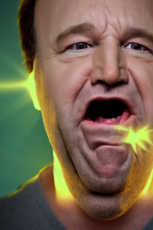 Prompt: A hyper realistic ultra realistic photograph of Alex Jones milk coming out of his eyes as the second coming of christ, his head surrounded by light, his face sliding off his skull by Brandon Hughes , detailed, photorealistic imagery, 8k quality