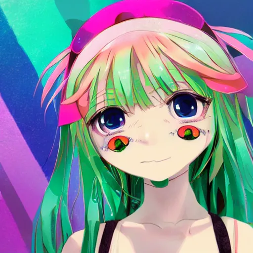 Image similar to digital 2 d, illustration, anime & manga, stylized, anime, colorful, smile, kawaii, decora, harajuku, grills, teeth, jewelry, bandaid, bandage, green hair, freckles, nails, nail art, fashion, stylish, rainbow