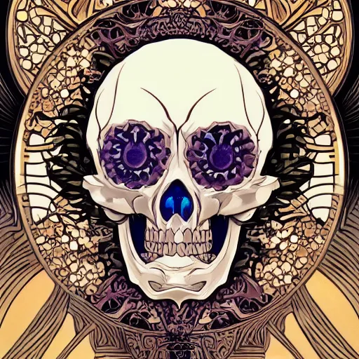 Image similar to anime manga skull portrait dragon head face skeleton illustration style by Alphonse Mucha and Takashi Murakami pop art nouveau