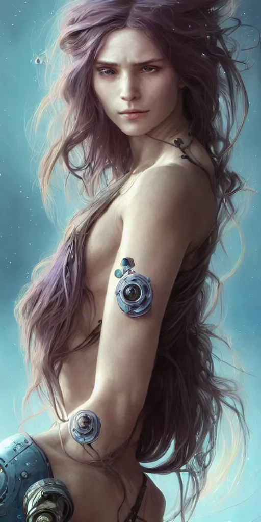 Image similar to portrait of a young ruggedly beautiful but joyful cyborg, female, femenine, upper body, aquamarine color hair, long hair, d & d, fantasy, piercing eyes, intricate, elegant, highly detailed, digital painting, artstation, concept art, matte, sharp focus, illustration, art by artgerm and greg rutkowski and alphonse mucha