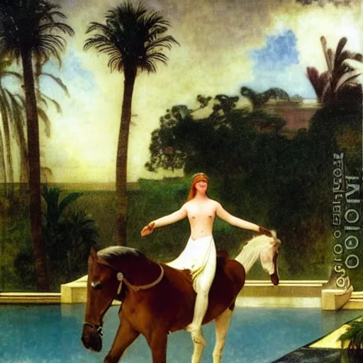 Image similar to Girl riding a horse leaving the palace through the bridge, thunderstorm, pool, beach and palm trees on the background major arcana sky, by paul delaroche, alphonse mucha and arnold böcklin arnold böcklin hyperrealistic 8k, very detailed