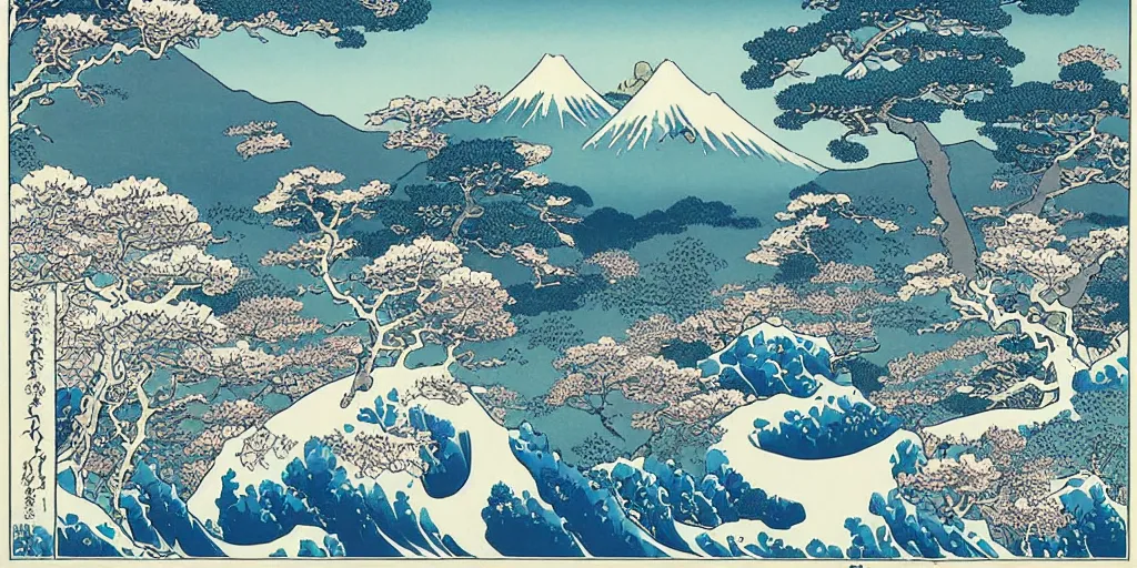 Image similar to beautiful idyllic poster illustration for a craggy snow valley national park, no trees, dragons in the sky, by hokusai