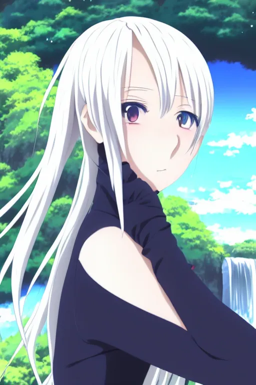 Image similar to anime art full body portrait character concept art, anime key visual of elegant young female, platinum blonde straight bangs and large eyes, finely detailed perfect face delicate features directed gaze, laying on back near a waterfall, arms crossed behind head, trending on pixiv fanbox, studio ghibli, extremely high quality artwork