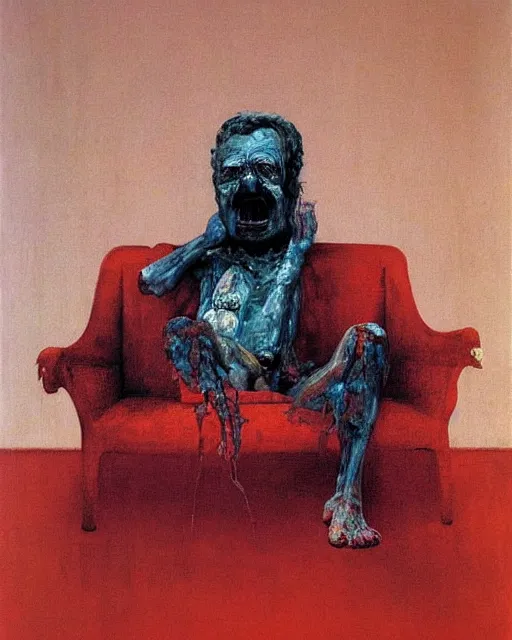 Prompt: thick flowing expressive acrylic painting of an old dead figure sitting on a couch in an old apartment watching the dog on fire,  Beksinski painting, part by Francisco Goya and Gerhard Rich⁷⁷ter. art by James Jean, Francis Bacon masterpiece