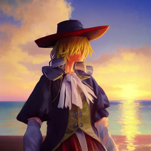 Image similar to Kirisame Marisa, sunset on the beach, touhou project, ZUN, beautiful portrait, oil on canvas, official artwork, trending on artstation, in the style of Aivazovsky