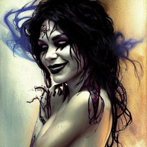 Image similar to beautiful portrait of vanessa hudgens as death from sandman, smiling, by cedric peyravernay, alphonse mucha, by jeremy mann, by lecouffe deharme, goth chic, soft lightning, eyeliner, punk rock, high detailed, 8 k