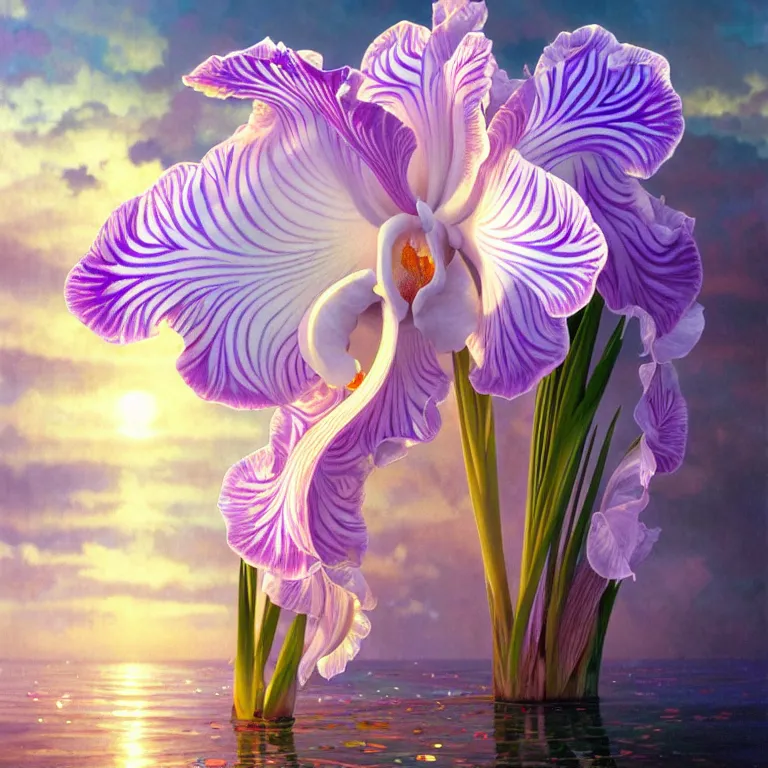 Image similar to detailed giant white holographic orchid iris hybrid flower surrounded by ocean waves, lsd water, lsd ripples, droplets, backlit, sunset, refracted lighting, art by collier, albert aublet, krenz cushart, artem demura, alphonse mucha