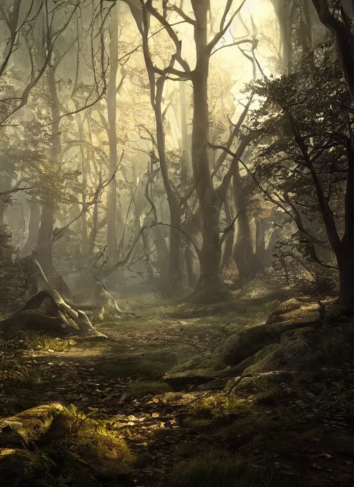 Image similar to haunted woods, ultra detailed fantasy, elden ring, realistic, dnd, rpg, lotr game design fanart by concept art, behance hd, artstation, deviantart, global illumination radiating a glowing aura global illumination ray tracing hdr render in unreal engine 5