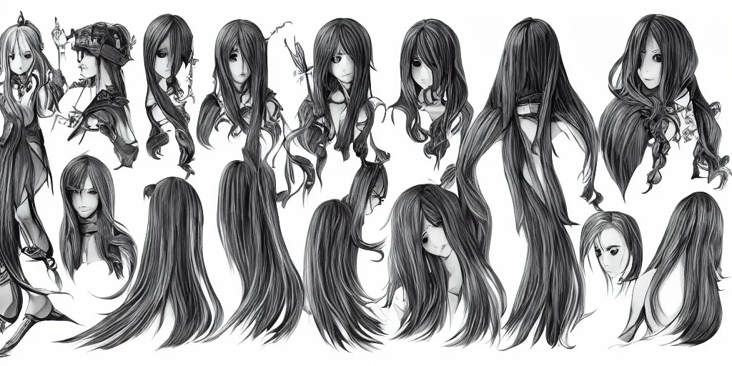 Prompt: anime woman, long hair, fantasy theme, front side/back/view character sheet, three views, lineart, varying thickness, manga pen, traditional art, Indian ink, in the style of Final Fantasy IX, 3D modeling concept sheet, white background, orthographic view