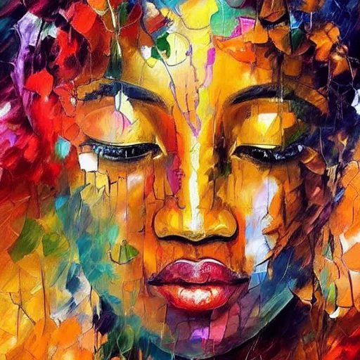 Prompt: strikingly beautiful african bodhisattva, praying meditating, realism, elegant, intricate, portrait photograph!! by leonid afremov and carne griffiths