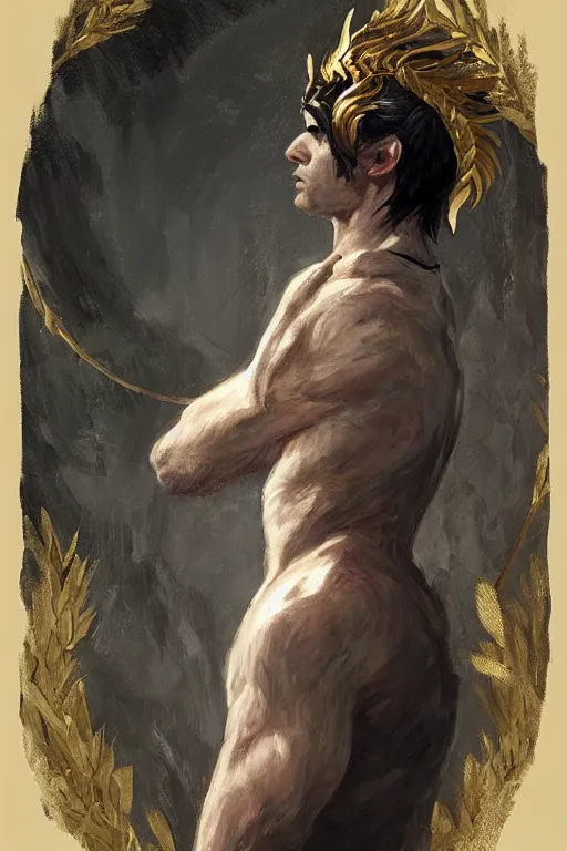 Image similar to a masculine elegant man from sideview and wearing golden laurel wreath, ethereal horror fantasy art by greg rutkowski and magali villanueve and monet con