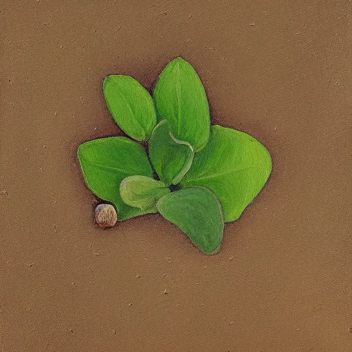 Image similar to detailed painting of a single small seed sitting in loose fresh earth. the painting is characterized by its use of light and shadow to create a sense of depth, its muted colors, and its focus on nature.