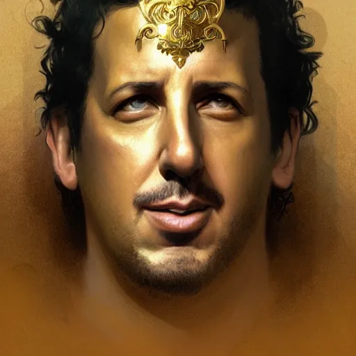 Prompt: Adam Sandler as the true Golden God, divine, angelic, intricate, highly detailed, digital painting, artstation, concept art, sharp focus, illustration, art by greg rutkowski and alphonse mucha