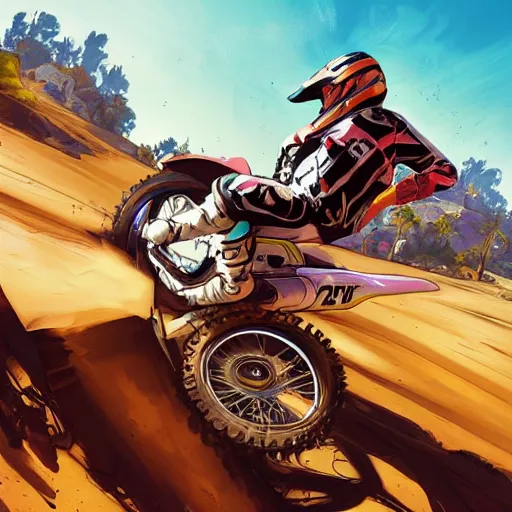 Image similar to motocross bike, gta 5 cover art, in borderlands style, celshading, trending on artstation, by jesper ejsing, rhads, makoto shinkai and lois van baarle, ossdraws