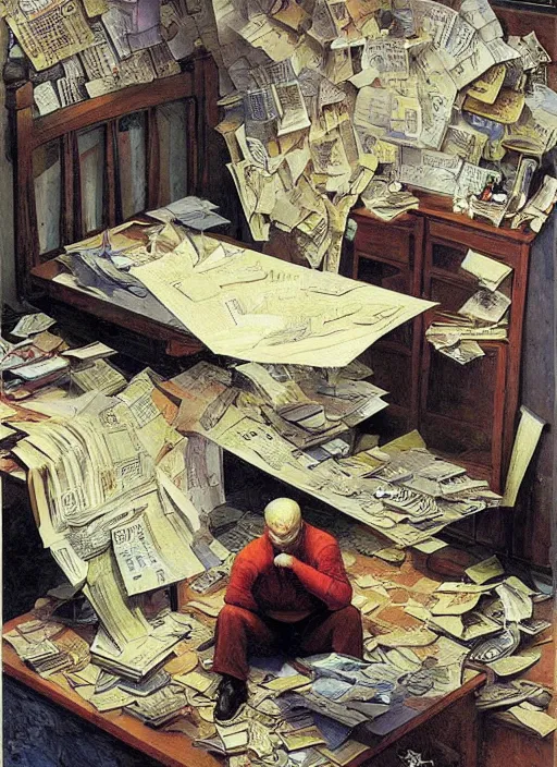 Prompt: one man sitting in a huge pile of papers, painting by shaun tan, detailed, intricate, torn paper decollage, oil on canvas by edward hopper, ( by mattias adolfsson ), by moebius