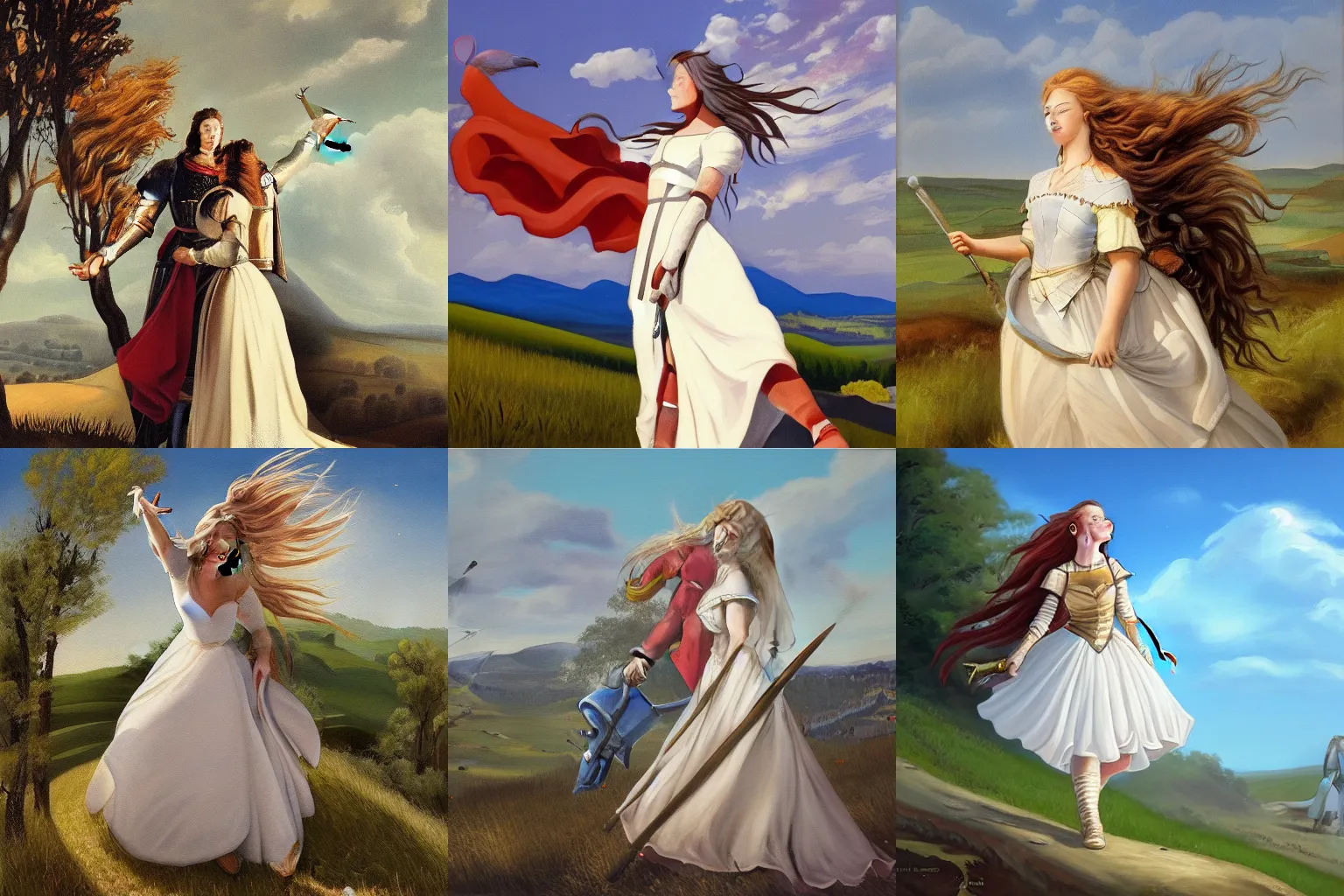 Image similar to a painting that depicts a young woman sending her knight off to battle. She is standing on a hill with her arms outstretched, and her hair blowing in the wind. The sky is clear and blue, and the sun is shining. The woman is wearing a white dress, and her face is full of emotion. She looks sad, but also proud and determined. The knight is mounted on his horse, and he is looking at the woman. He has a sword in his hand, and he looks ready for battle. The horse is rearing up, and the knight is ready to ride off into battle in the style of Edmund Leighton.