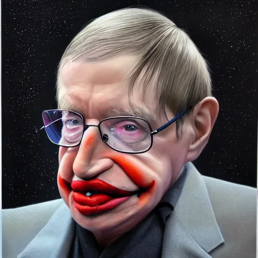 Image similar to UHD hyperrealism painting of Stephen Hawking wearing clown makeup, clown costume, correct clown face, correct clown makeup, by Antonio Caparo and Ferdinand Knab and Greg Rutkowski, UHD, photorealistic, trending on artstation, trending on deviantart, correct face, realistic clown makeup