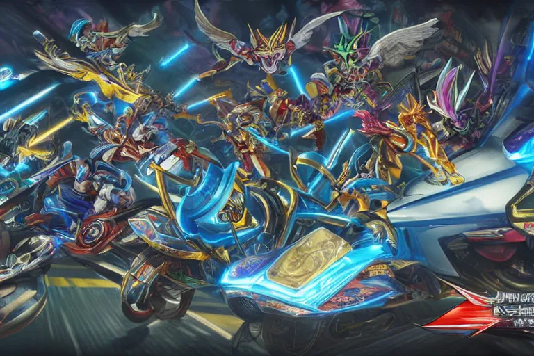 Image similar to an ultra detailed 3 d vector render of card games on motorcycles, yu - gi - oh anime, ultrawide lense, aerial photography, 8 k, volumetric lighting, smooth, highly detailed, digital illustration, art by greg rutkowski and akira toriyama and artgerm