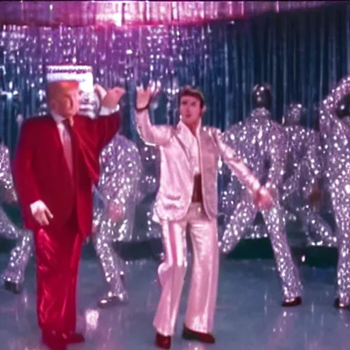 Image similar to A still of Donald Trump wearing a disco suit in Saturday Night Fever